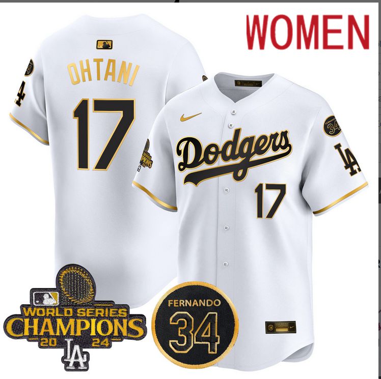 Women MLB Los Angeles Dodgers 17 Ohtani white 2024 World Series Champions Patch Limited Jersey style #3 